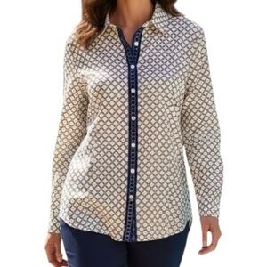 Talbots non-iron white and navy blue with gold chain print blouse sz 12p